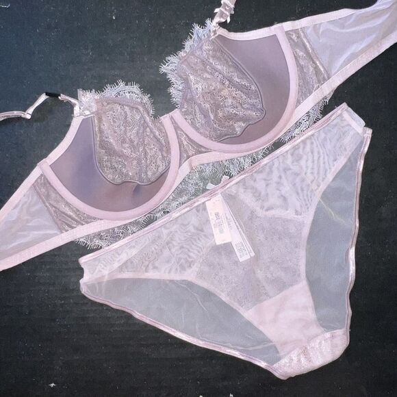 Victoria's Secret unlined 36D BRA SET L Panty taupe PINK gold foil lace mesh - Picture 3 of 3